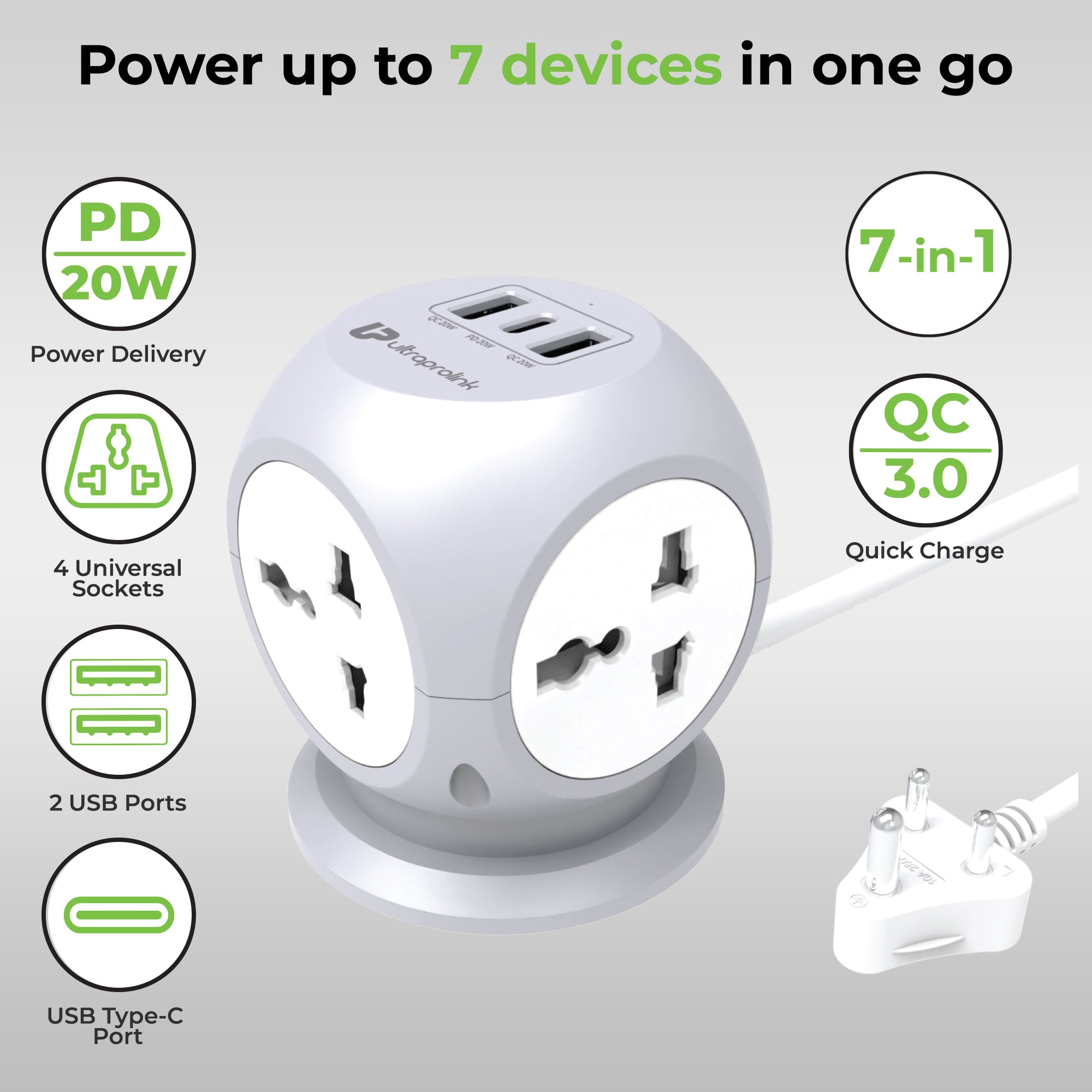 Power Qube PD20 7-in-1 Power Extension with QC3.0 & 20W PD UM1222WHT-1000