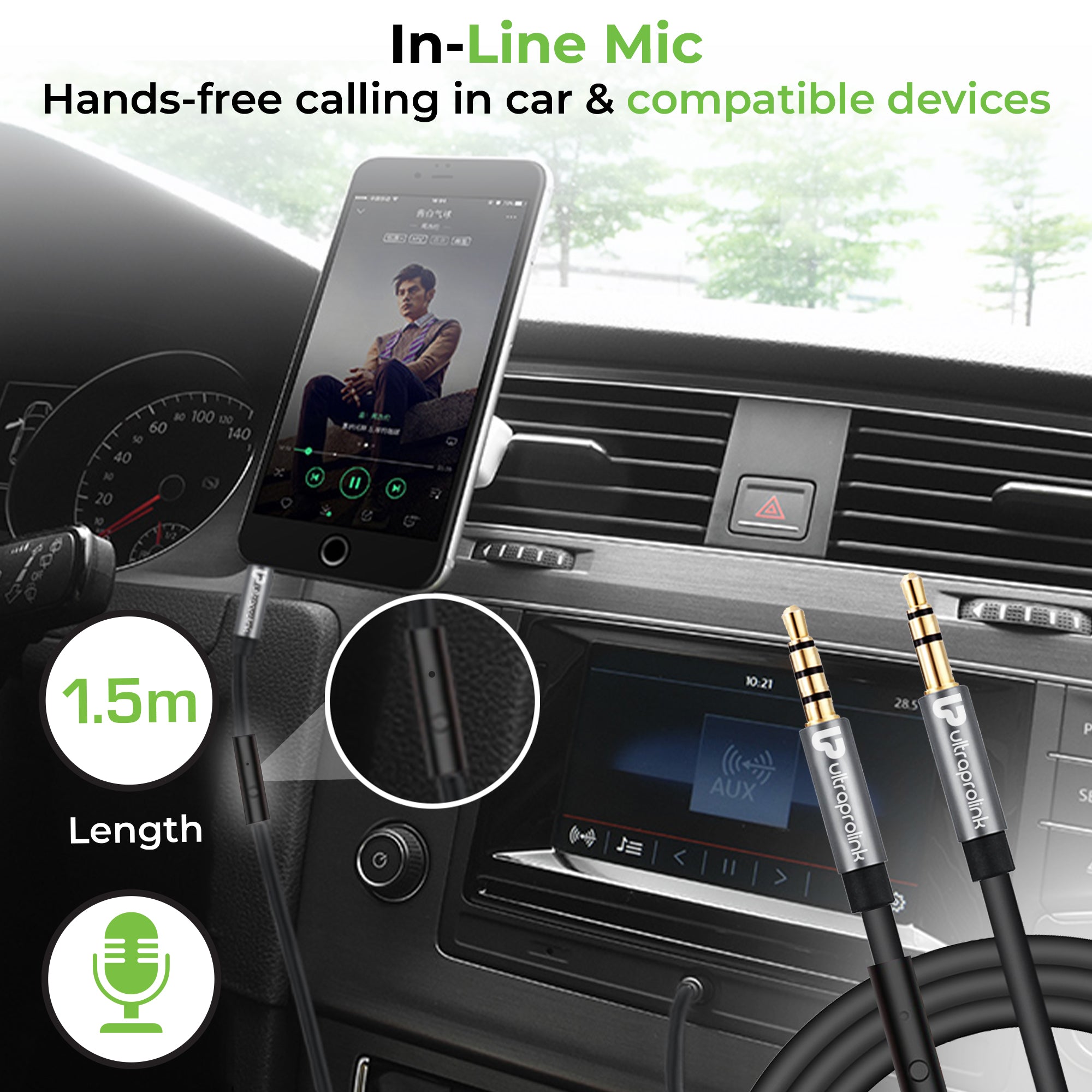 AudioOX - 3.5mm Cable with Mic UL108BLK-0150