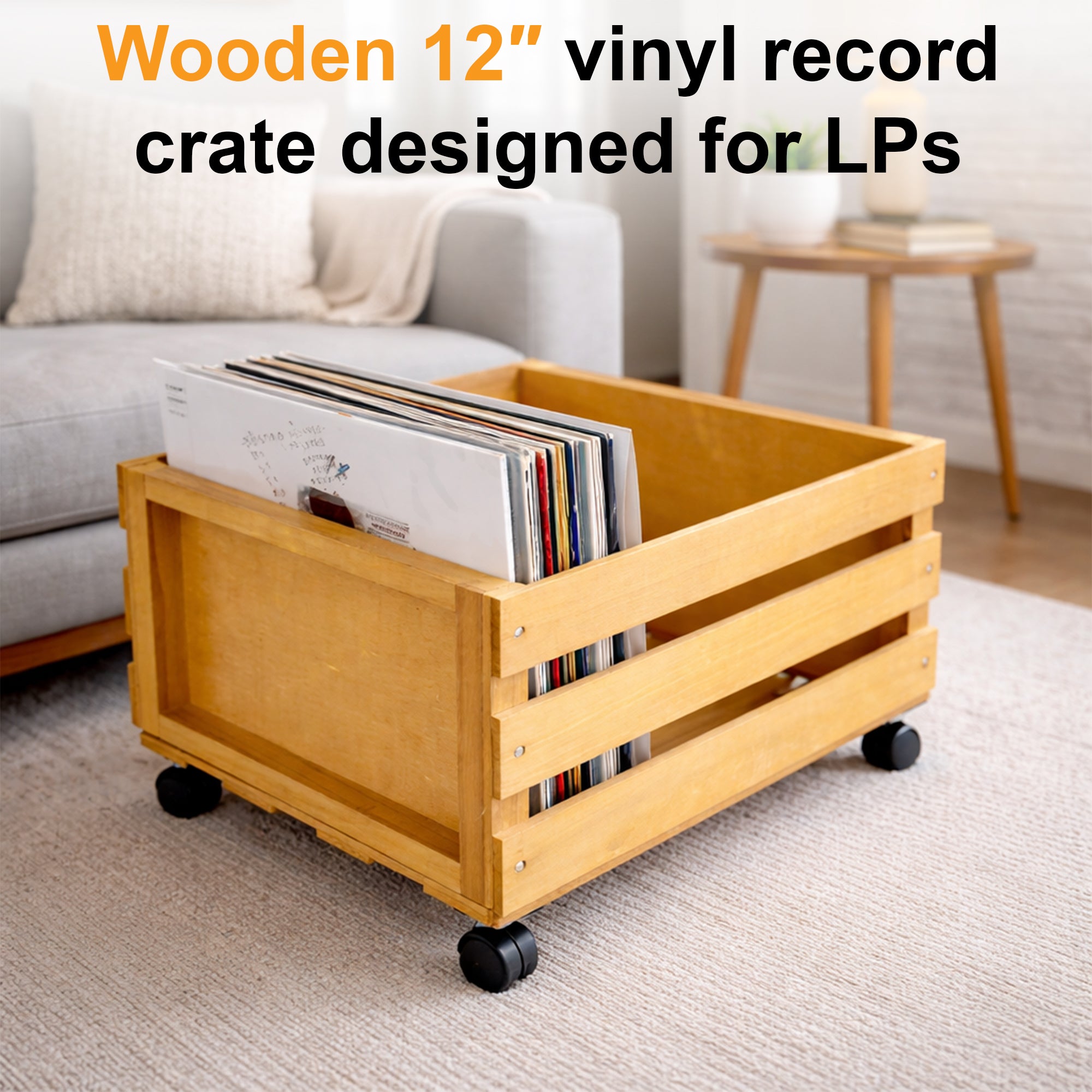 Wooden 12″ LP Vinyl Record Storage Crate on Wheels GK1259CDR