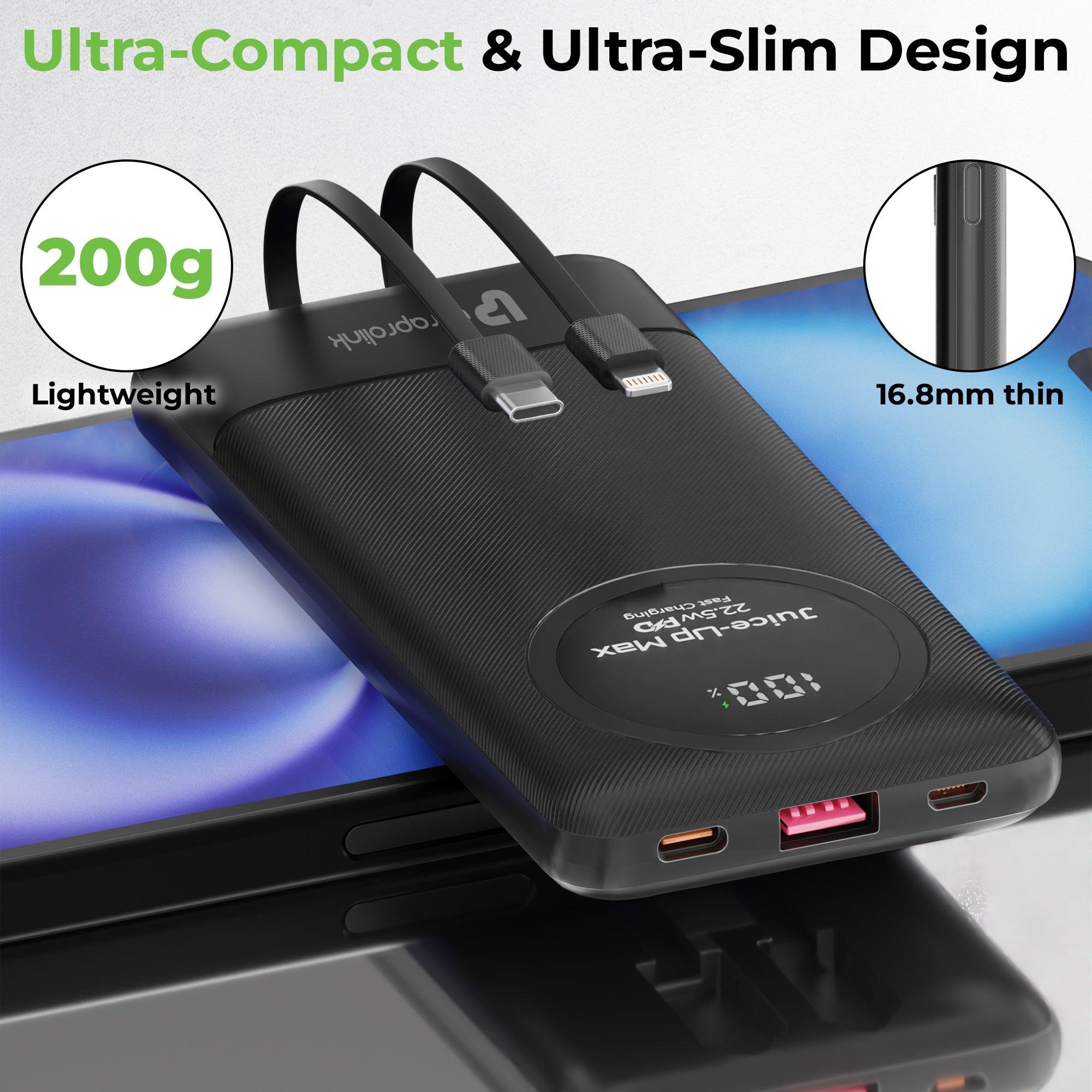 Juice-Up Max | 10000mah | Slim & compact Power Bank with Type C & iPhone Cable | UM1330