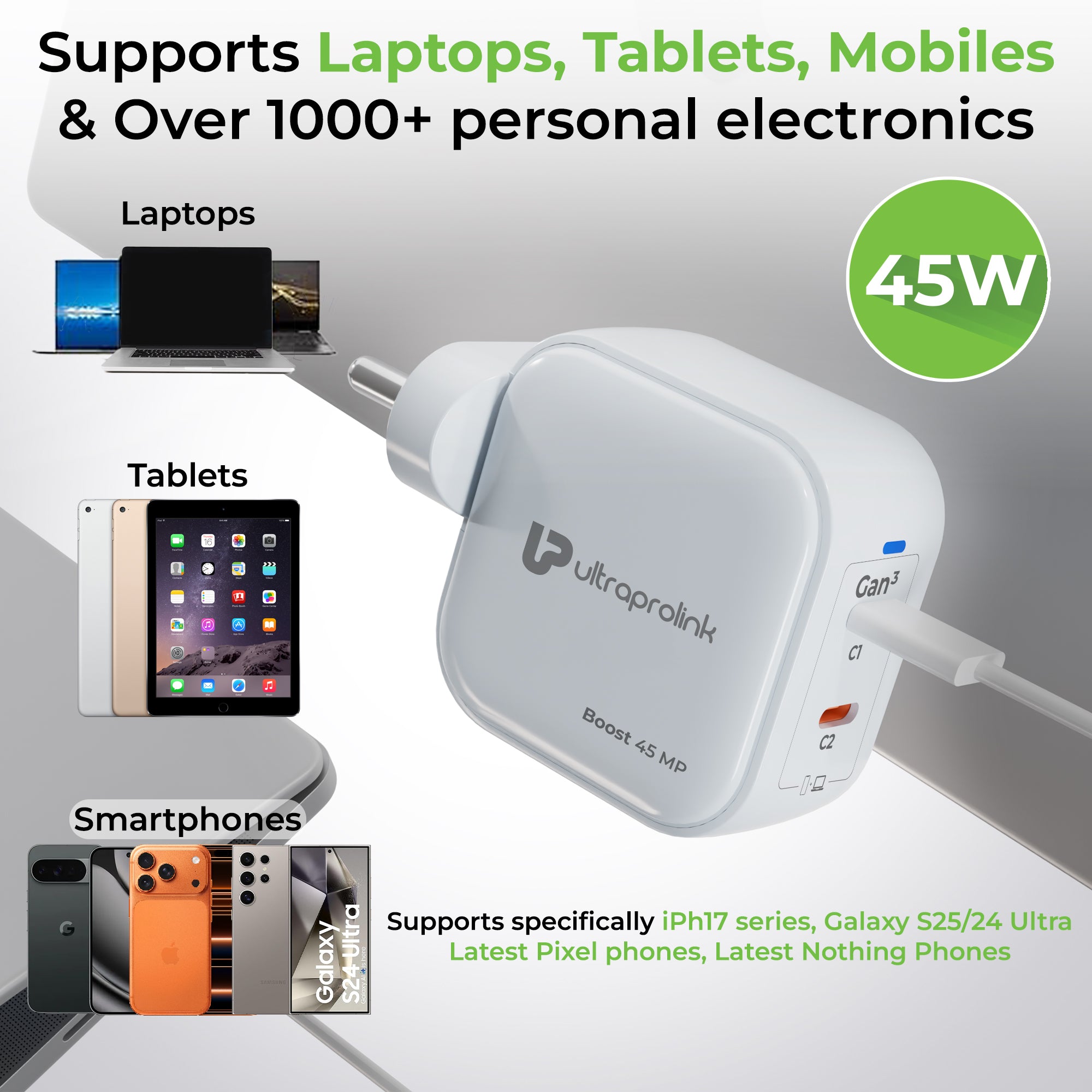 Boost 45 MP | Boost 45W GaN Charger Multi-protocol with 1m Type C cable | UM1342