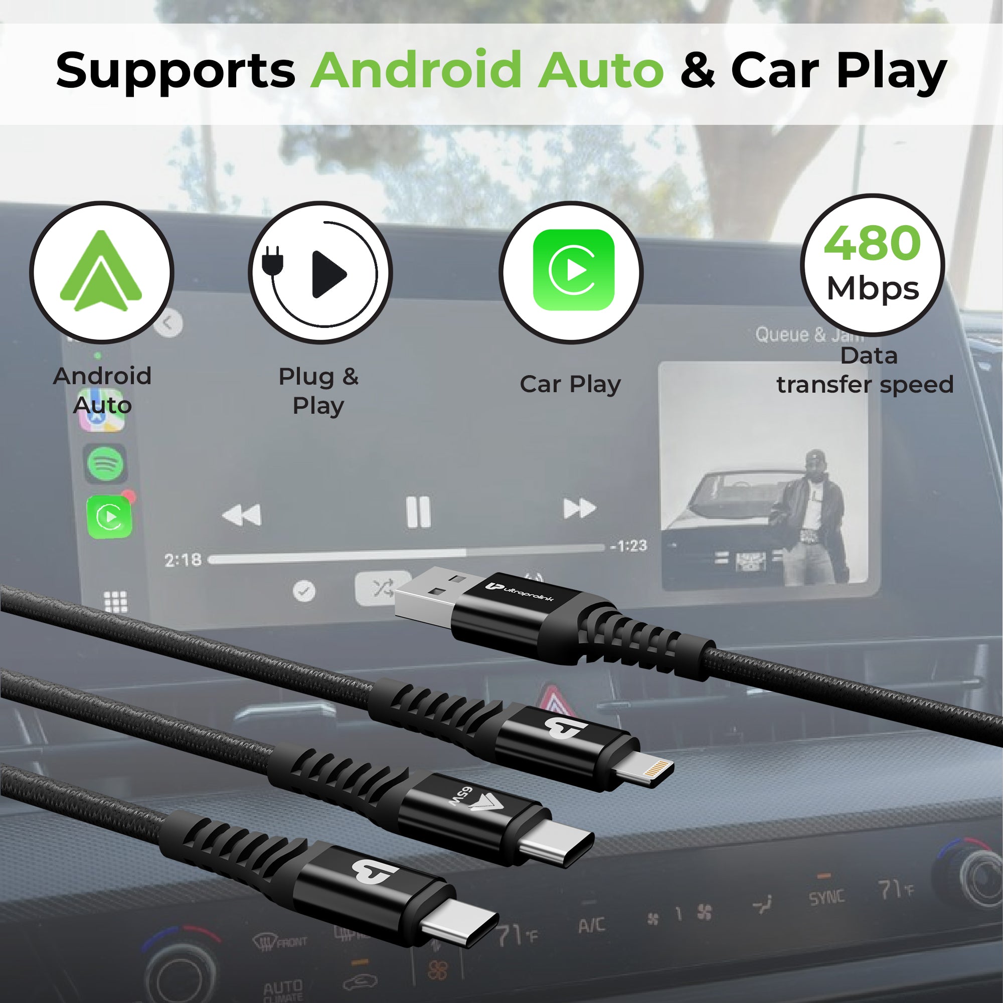 TrioLink 65 3 in 1 Braided Fast Charging Cable with Car Play UL1236