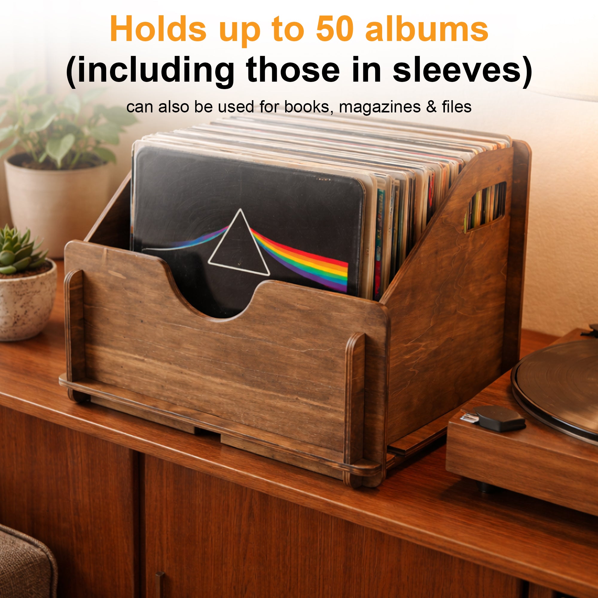 Rustic wooden LP storage case for organizing 50-60 records