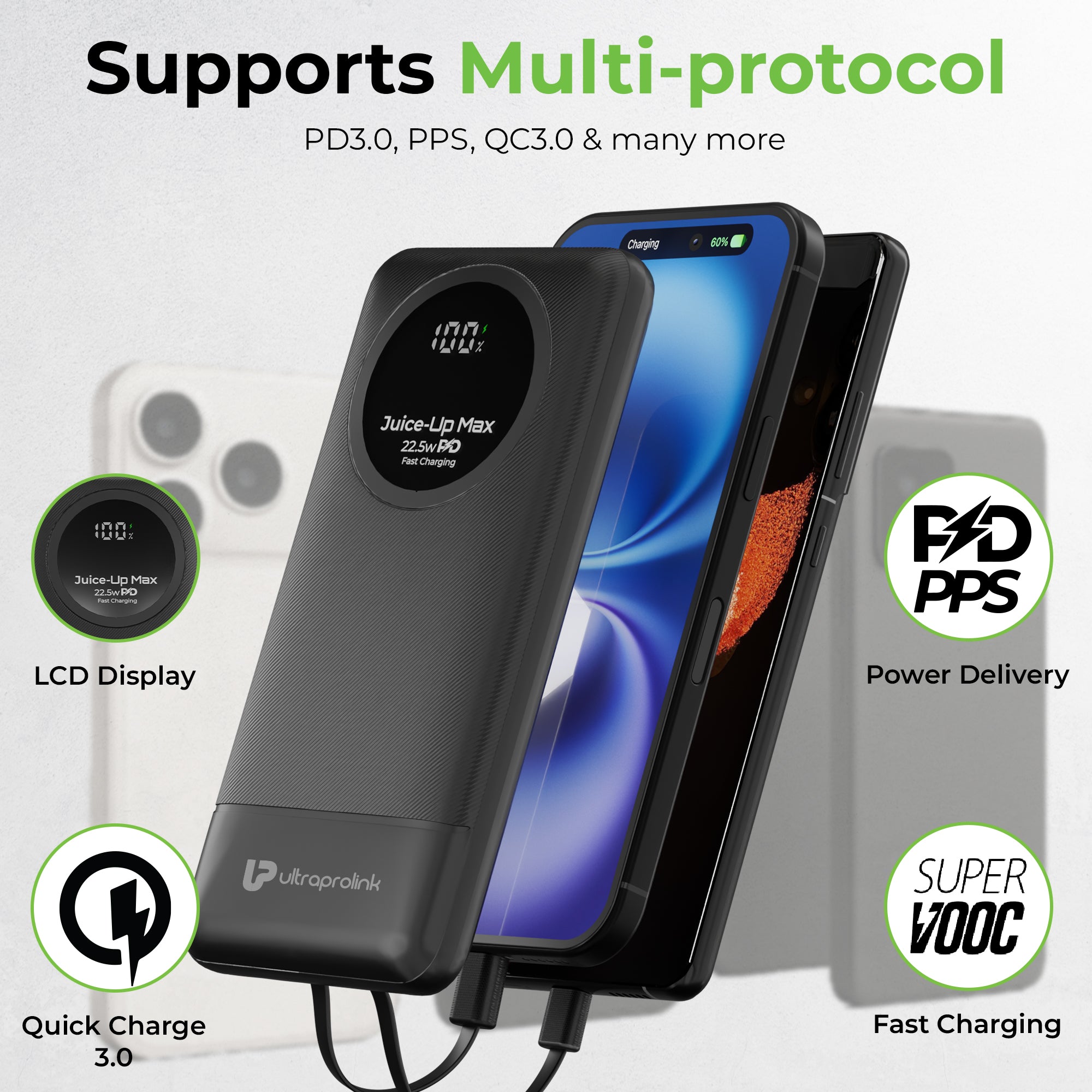 Juice-Up Max | 10000mah | Slim & compact Power Bank with Type C & iPhone Cable | UM1330