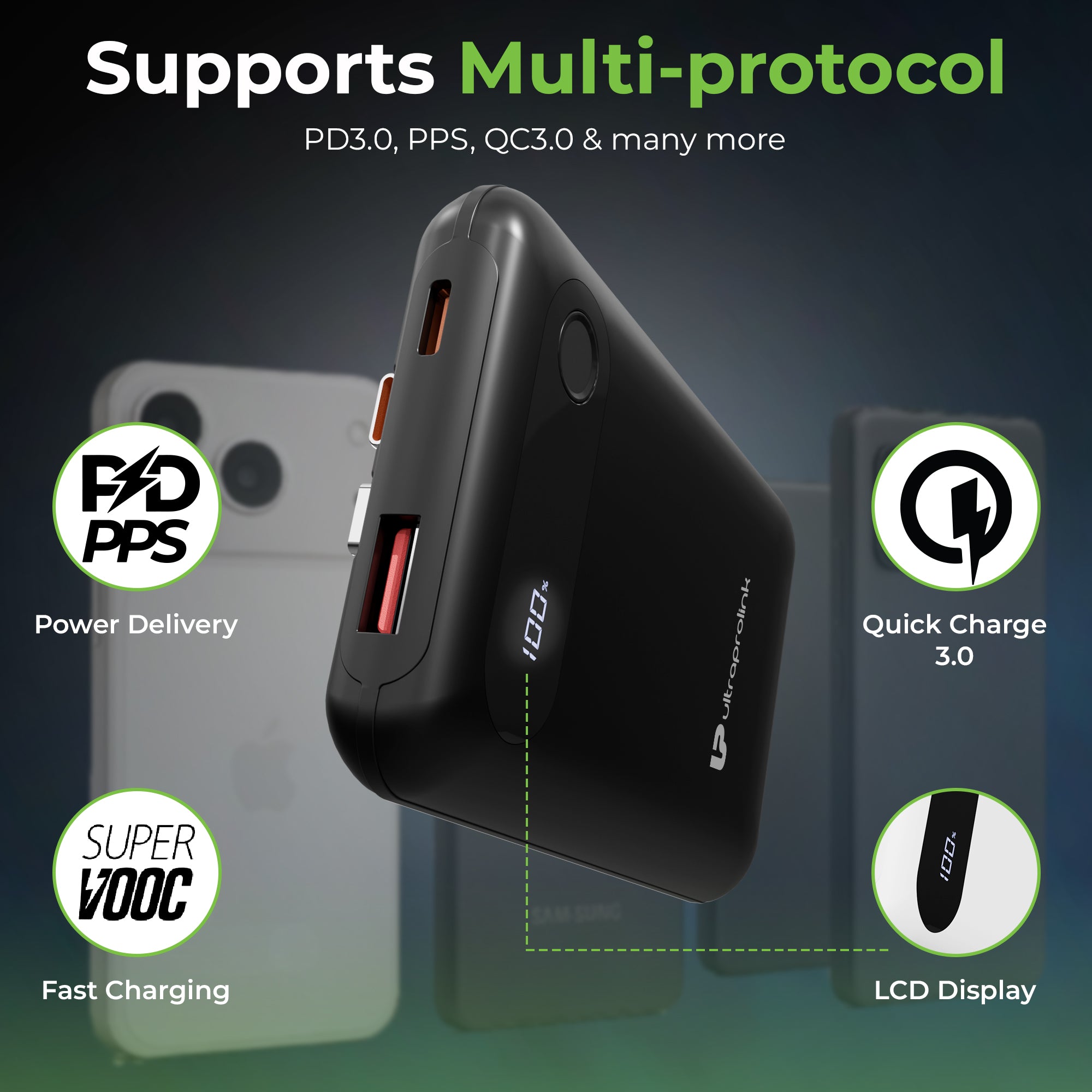 Lightweight power bank with inbuilt cables for iPhone and Android
