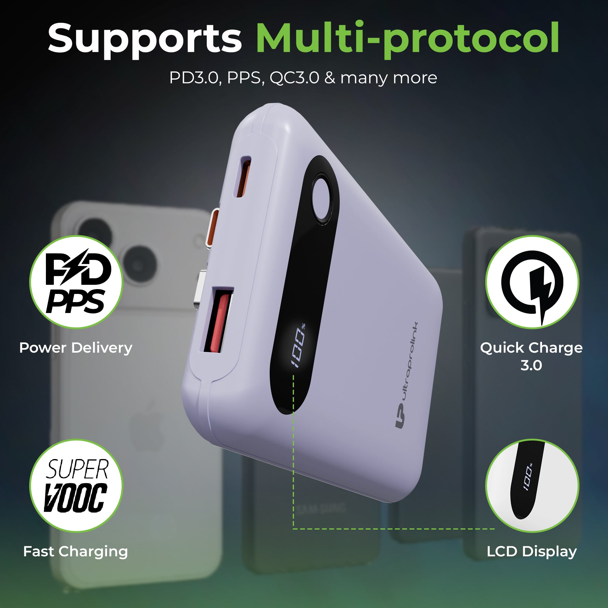 Minimal design power bank with fast charge support cables