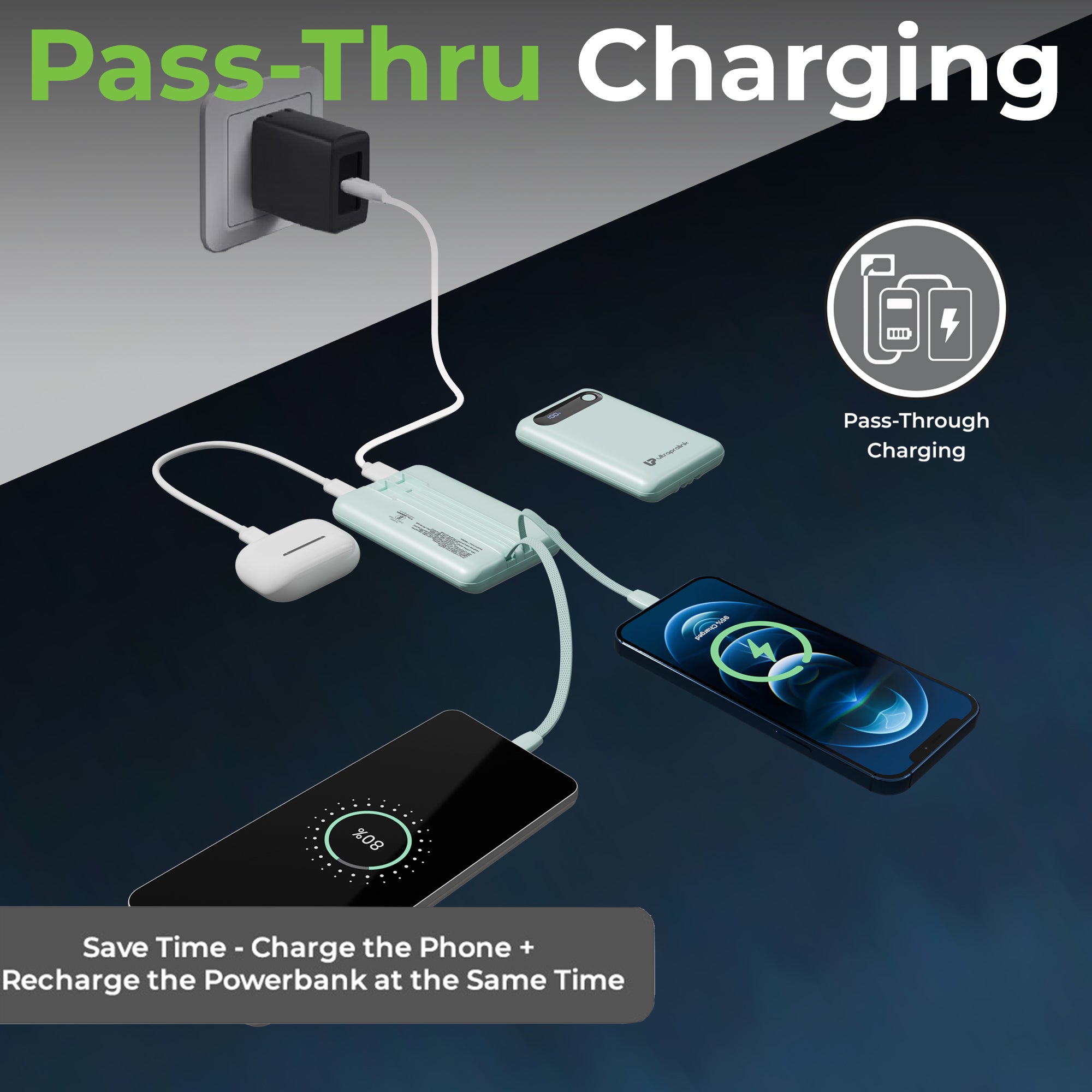 Ultra slim USB power bank with Type C and Lightning connector