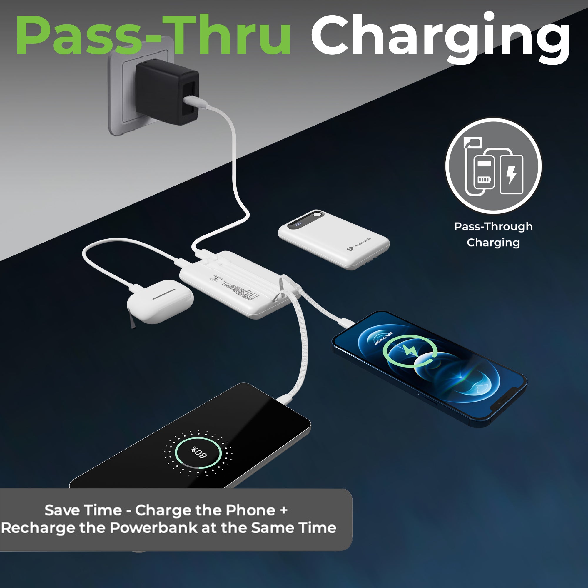 Sleek portable charger with built-in Type C and Lightning cables