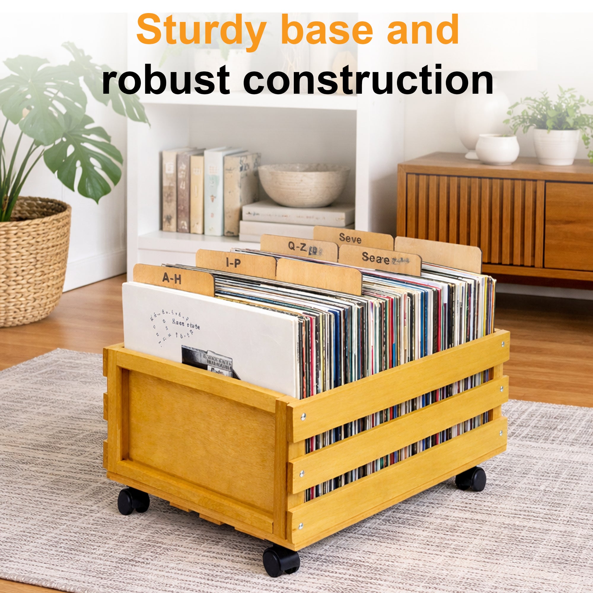 Mobile vinyl record storage box with wooden finish and wheels