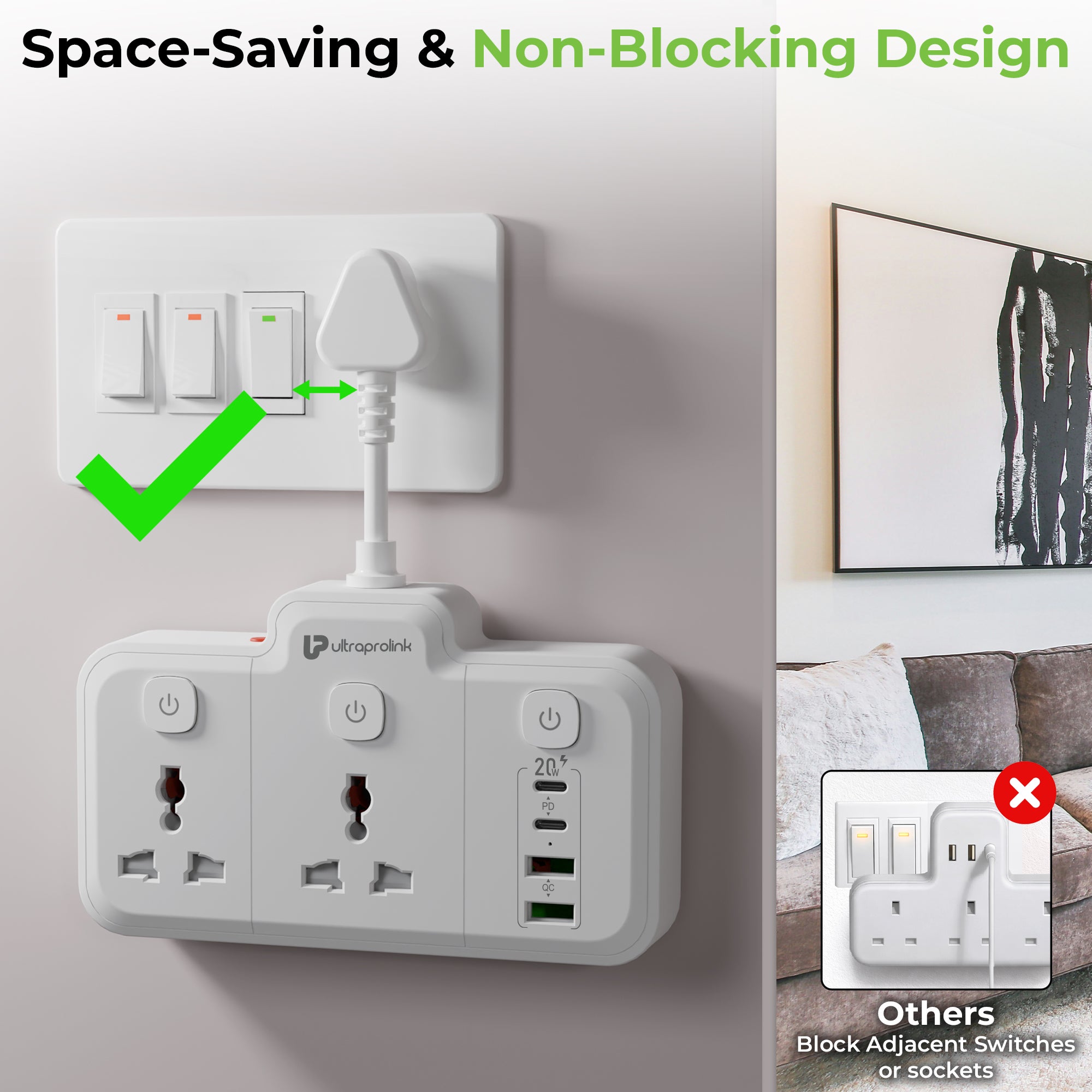 White power strip with multiple outlets and USB ports on a neutral background, with text 'Space-Saving & Non-Blocking Design'.