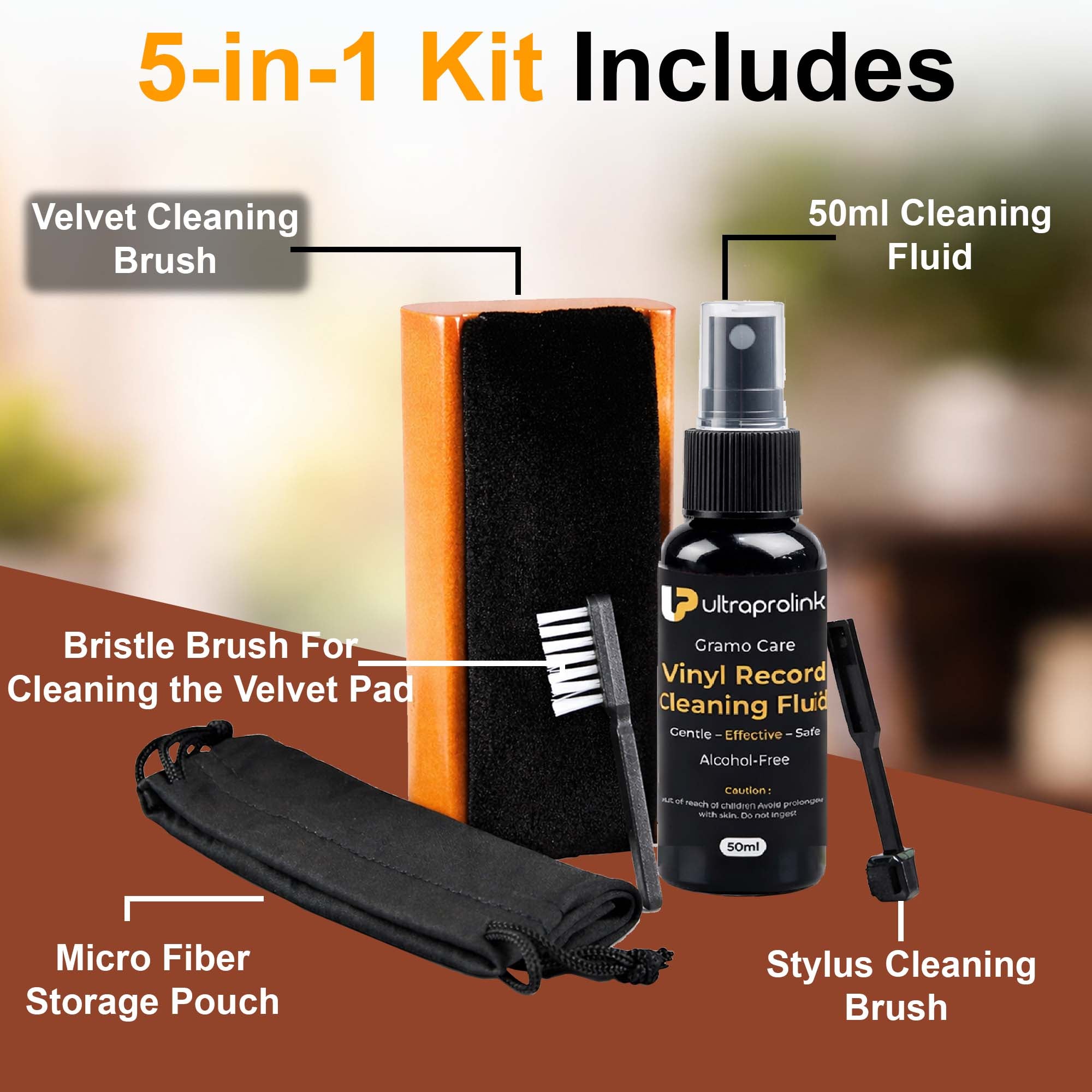 Vinyl Records Care Kit - Vevet brush with wooden handle, 50ml cleaning solution, stylus brushes & carry pouch GK1250