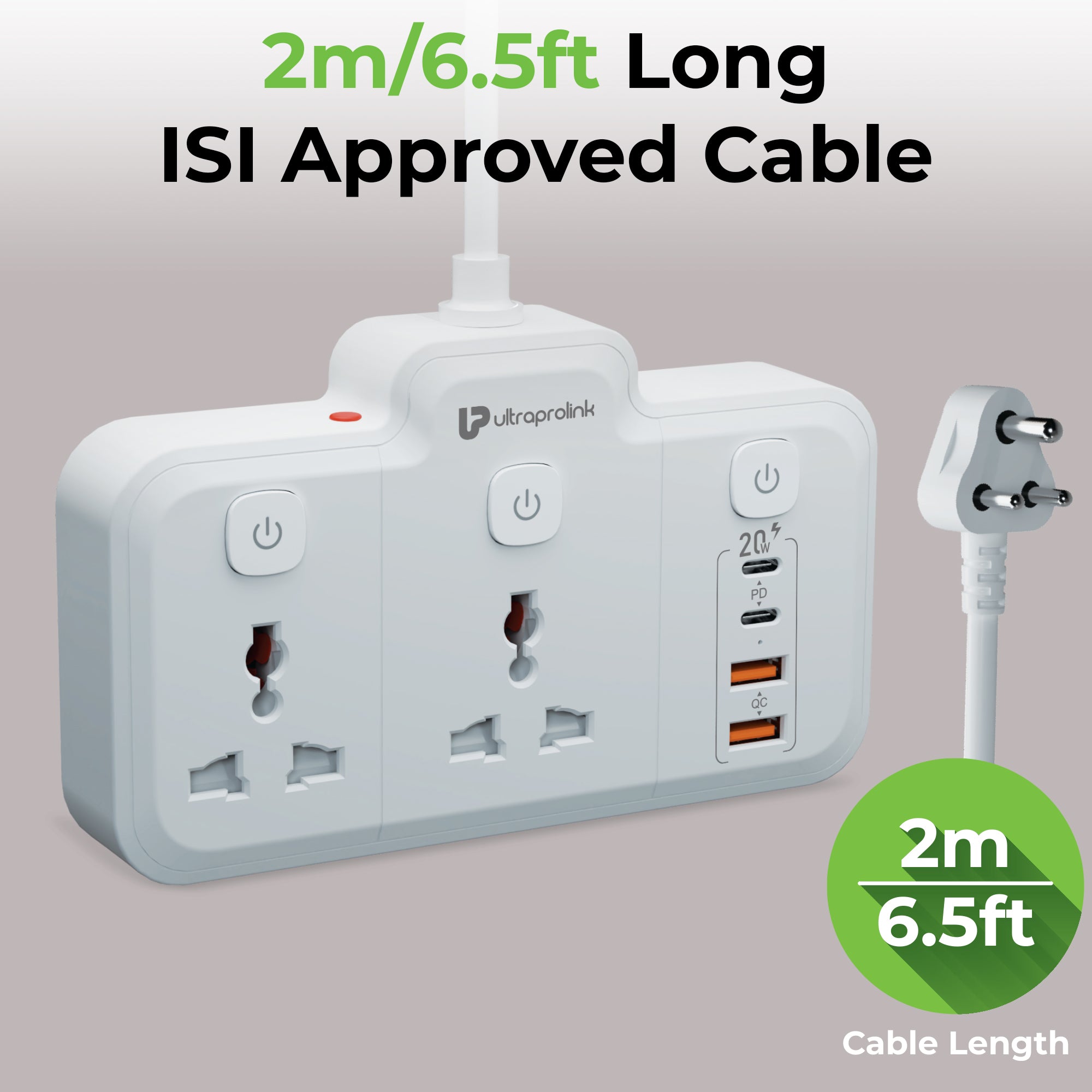 White power strip with multiple outlets and USB ports, featuring ISI approval text.