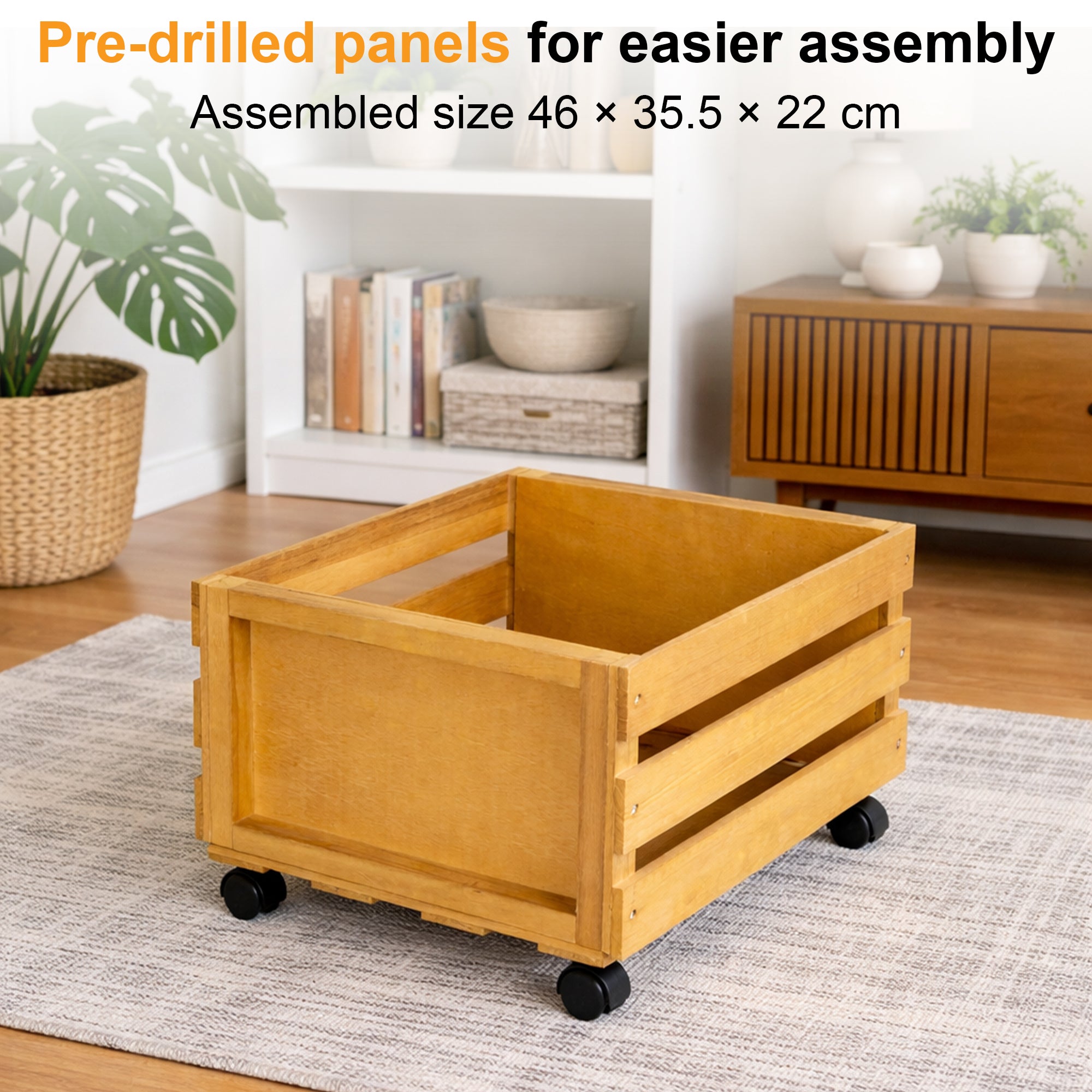 Wooden record crate for 12 inch LPs with smooth rolling wheels