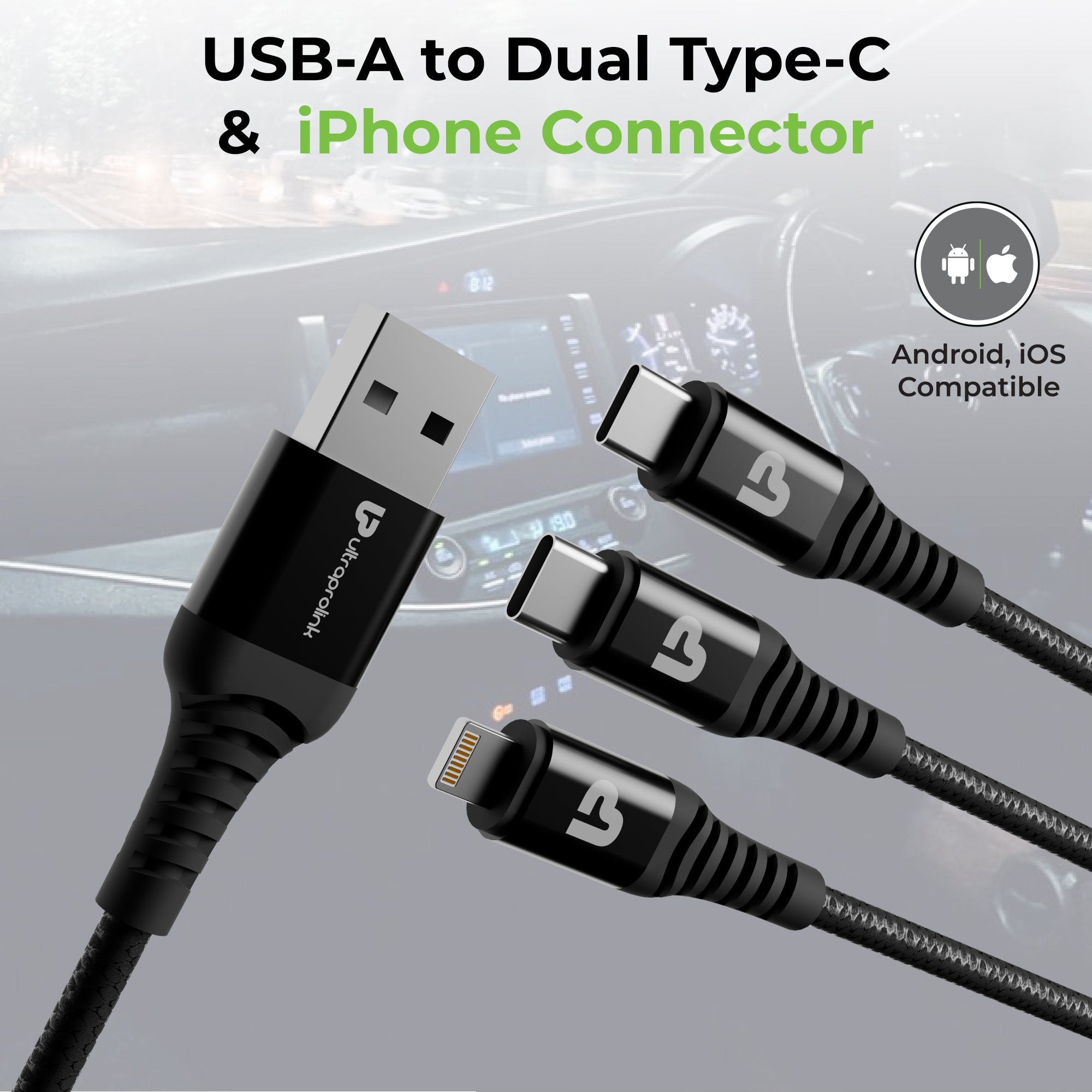 TrioLink 65 3 in 1 Braided Fast Charging Cable with Car Play UL1236