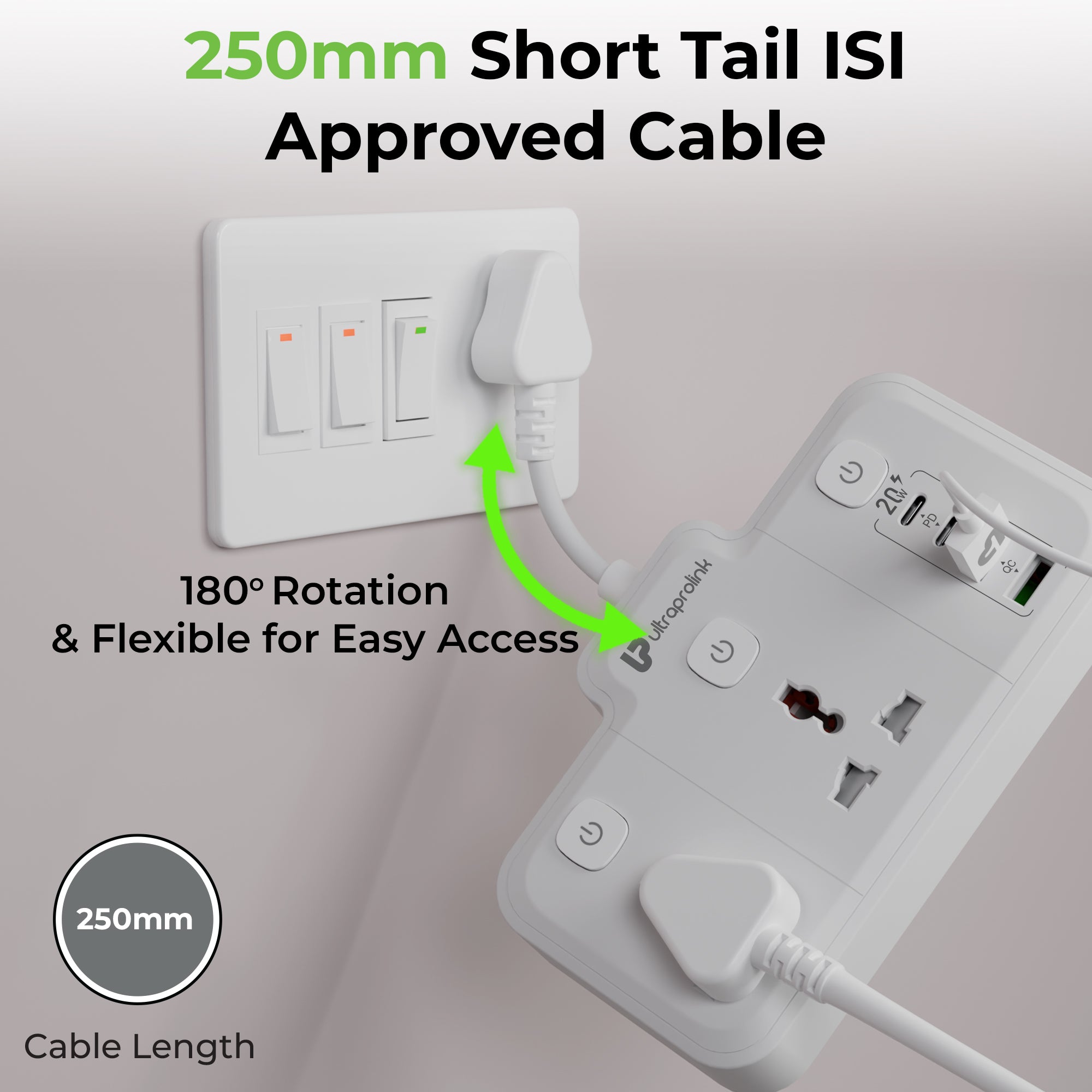 White electrical plug and socket with cable, showing 180-degree rotation feature.
