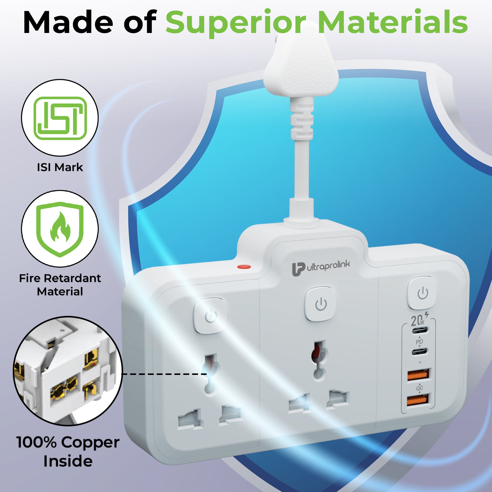 White power strip with multiple outlets and USB ports on a blue and gray background, featuring ISI Mark and fire retardant material icons.