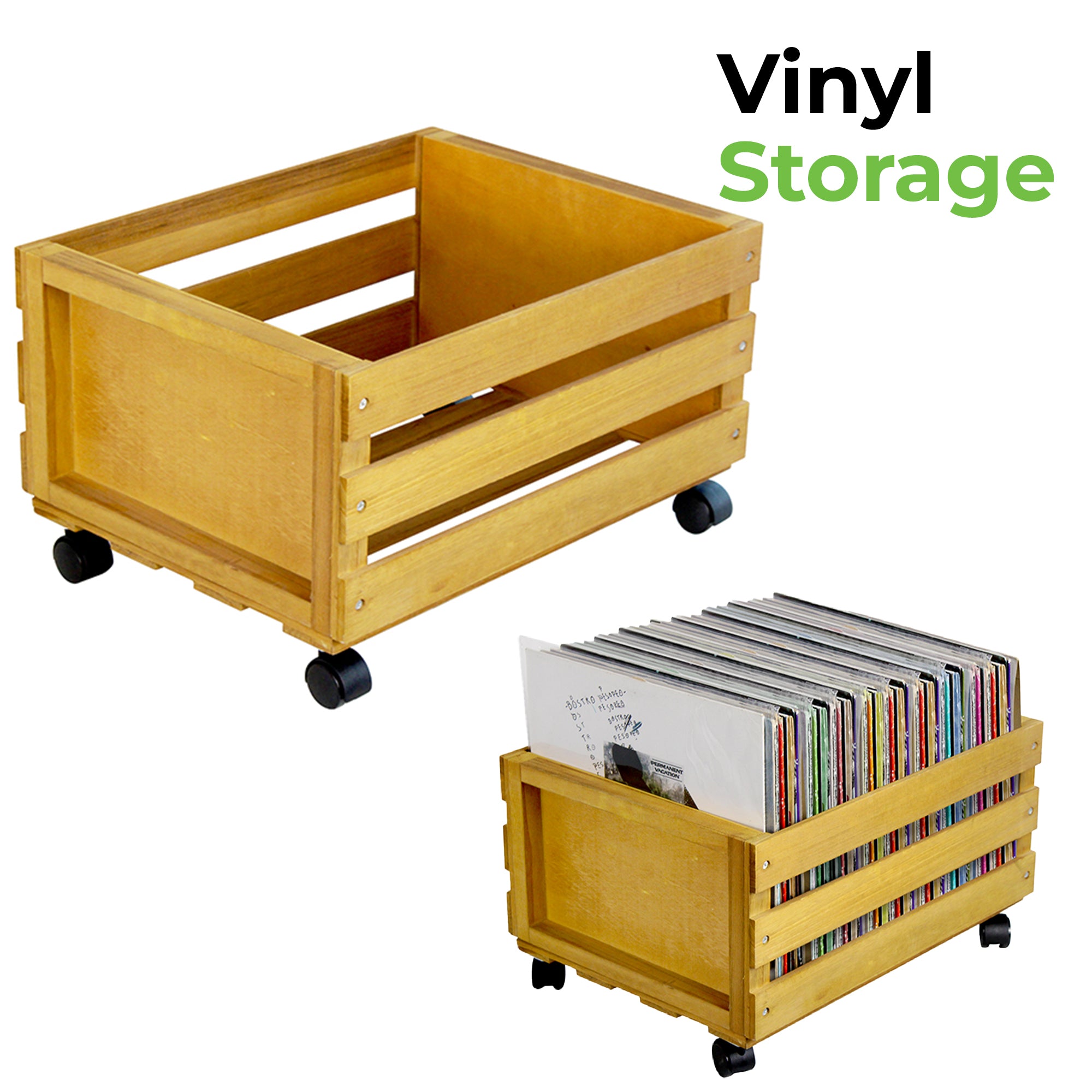 Vinyl Storage| Wooden 12″ LP Vinyl Record Storage Crate on Wheels GK1259CDR