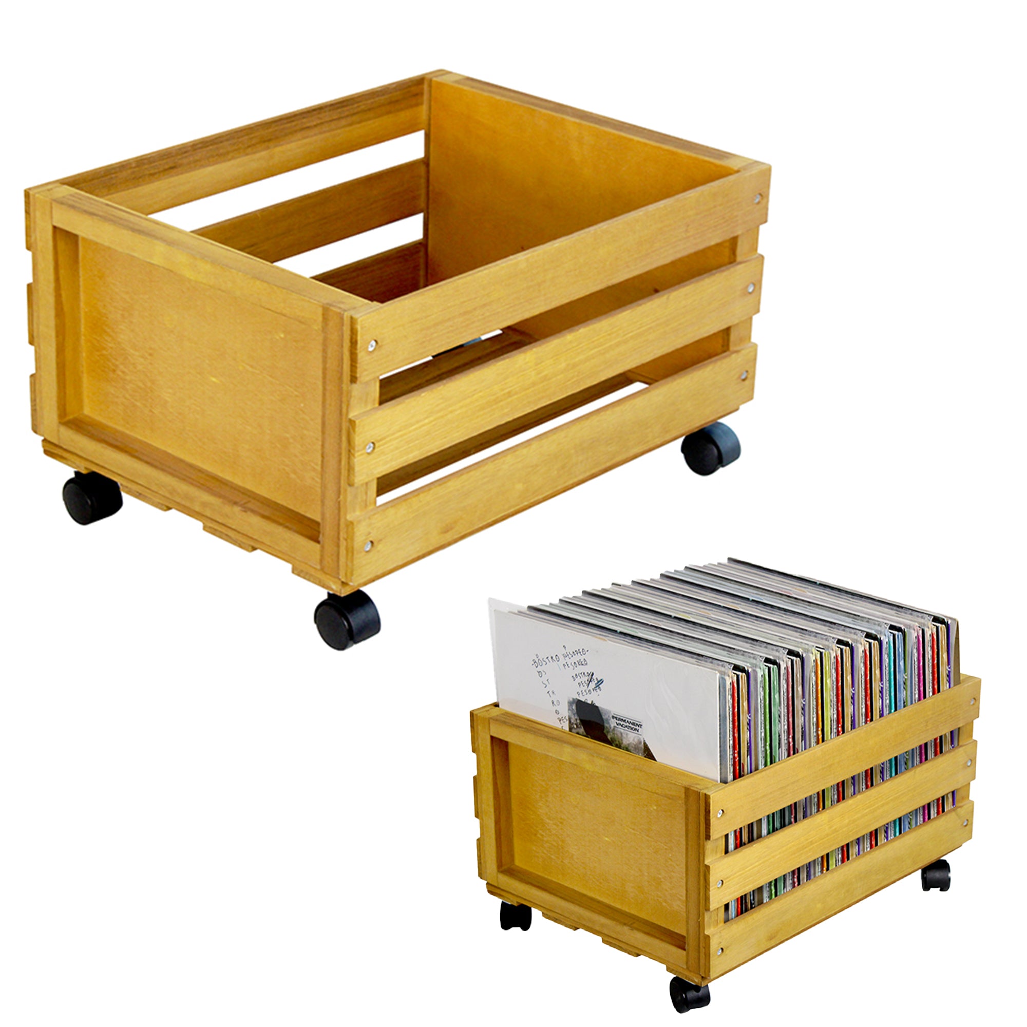 Wooden 12″ LP Vinyl Record Storage Crate on Wheels GK1259CDR