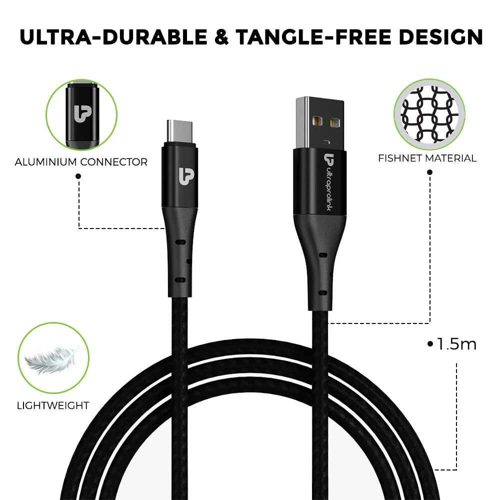 USB A- Type C Fast Charging Cable, Ultra durable & tangle free design