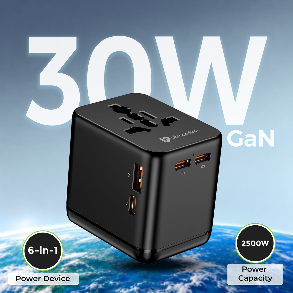 Universal Travel Adapter|30W GaN Charger with PD-PPS|Powers Up to 6 Devices | 2500W Max | UM1181