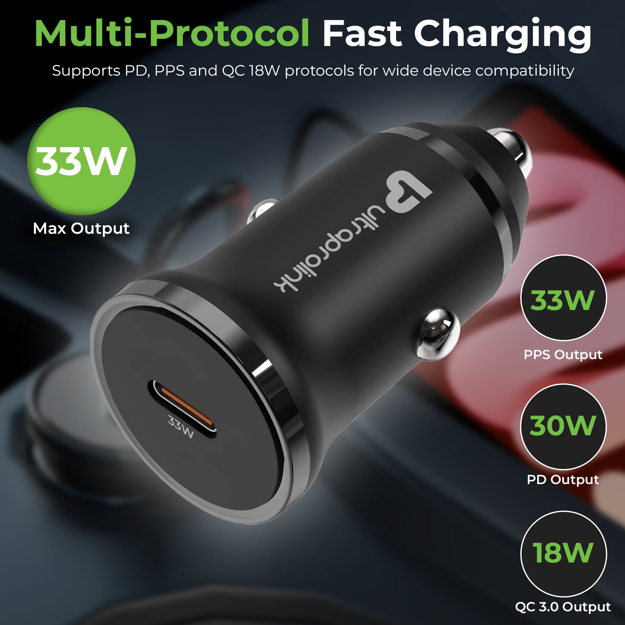 Mach 33 | Multi-Protocol Fast Car charger | 33W PD-PPS USB-C | UM1274