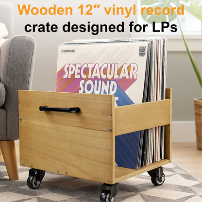 Rolling wooden LP record crate organizer with wheels