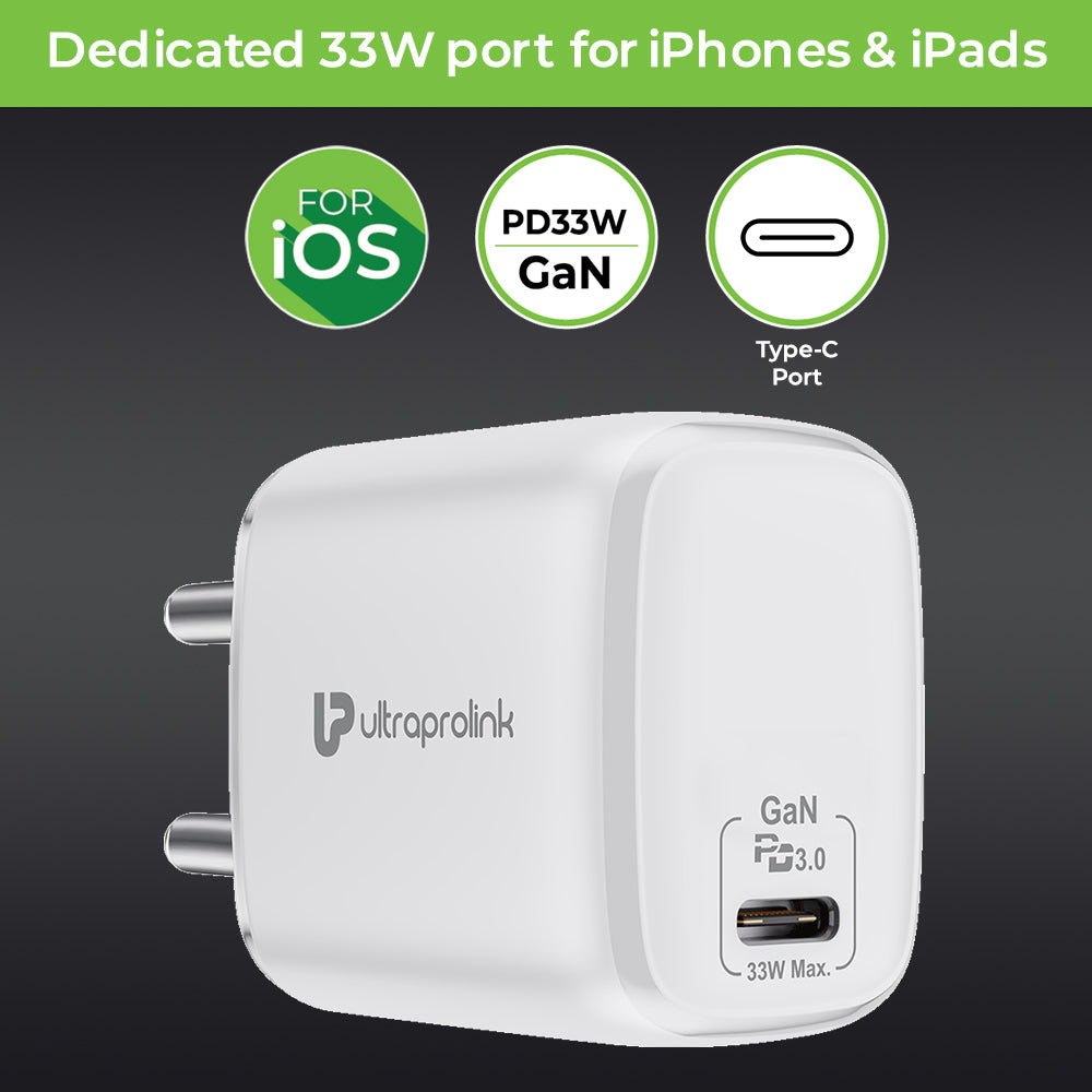 33W Power Delivery GaN charger with Type C port + C2L PD Cable (1m) UM