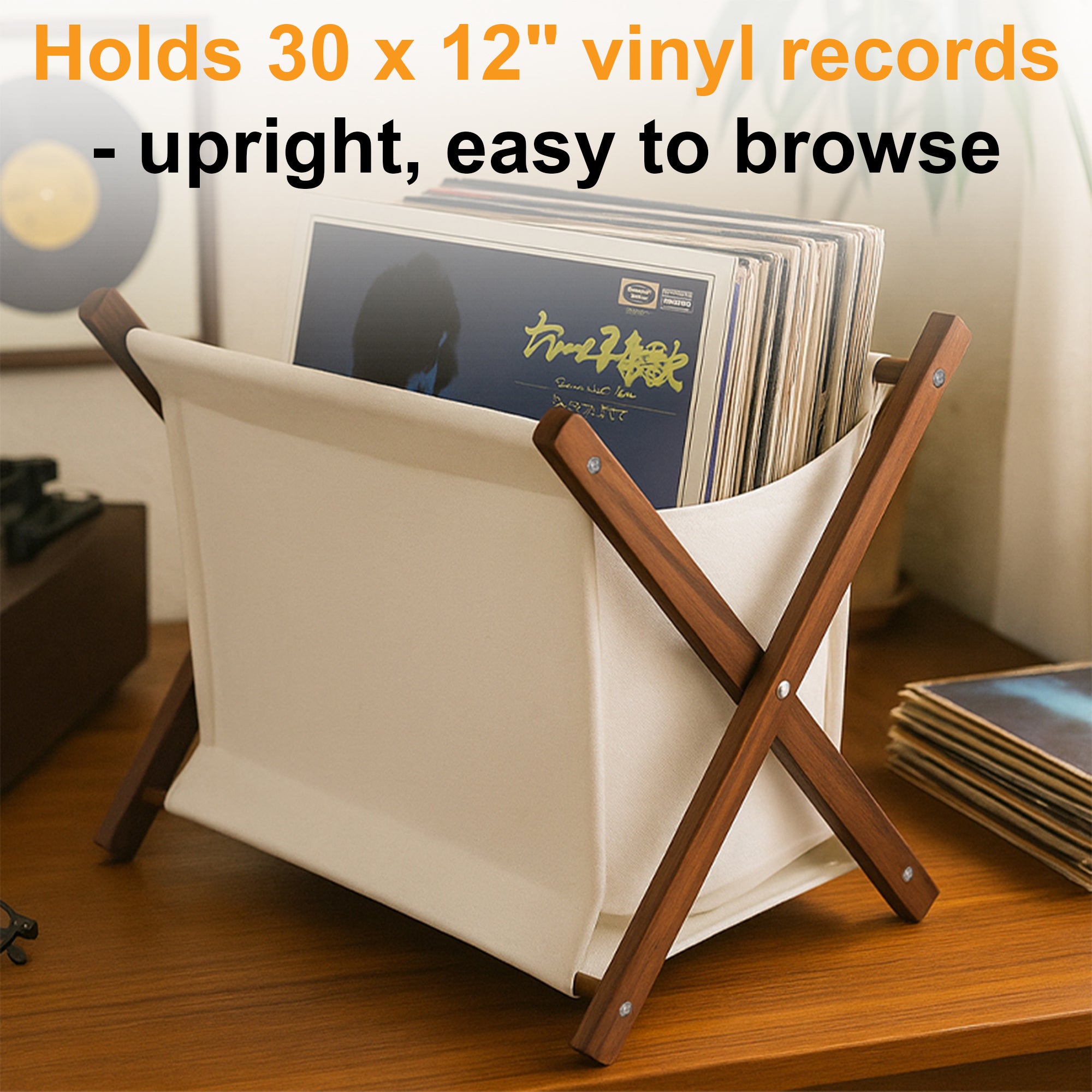 12" Vinyl Records Folding Canvas & Wood holder for 30 LPs GK1261