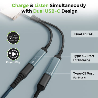 Audio Link-C2 | USB-C Male to Dual USB-C Female Digital Audio Adapter Convertor | UL1280