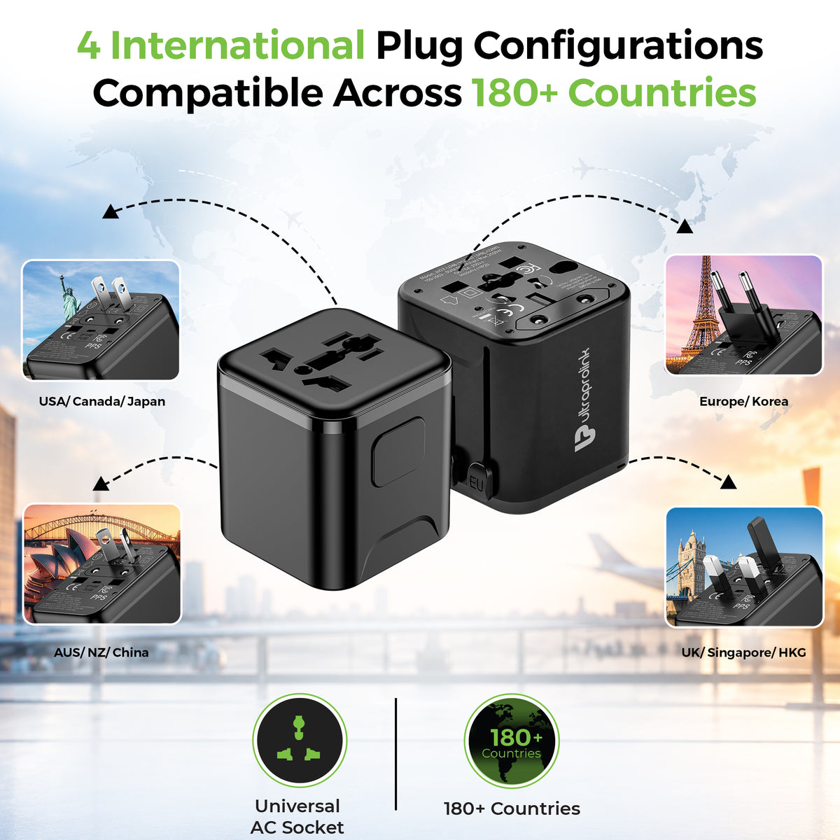 Travel Mate World Convertor Plug | 180+ Countries | Universal AC Socket | 2500W Max | UM1180