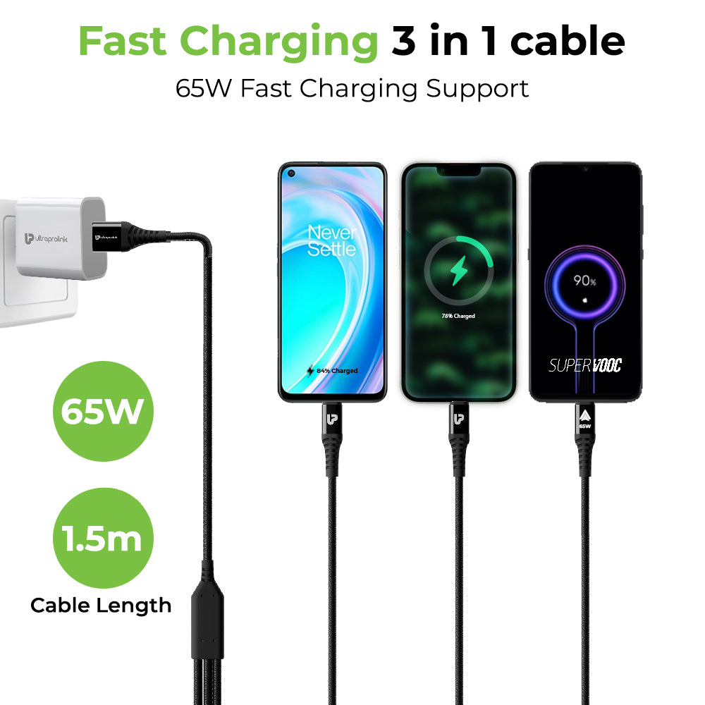 TrioLink 65 3 in 1 Braided Fast Charging Cable with Car Play UL1236