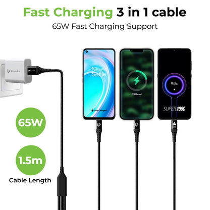 TrioLink 65 3 in 1 Braided Fast Charging Cable with Car Play UL1236