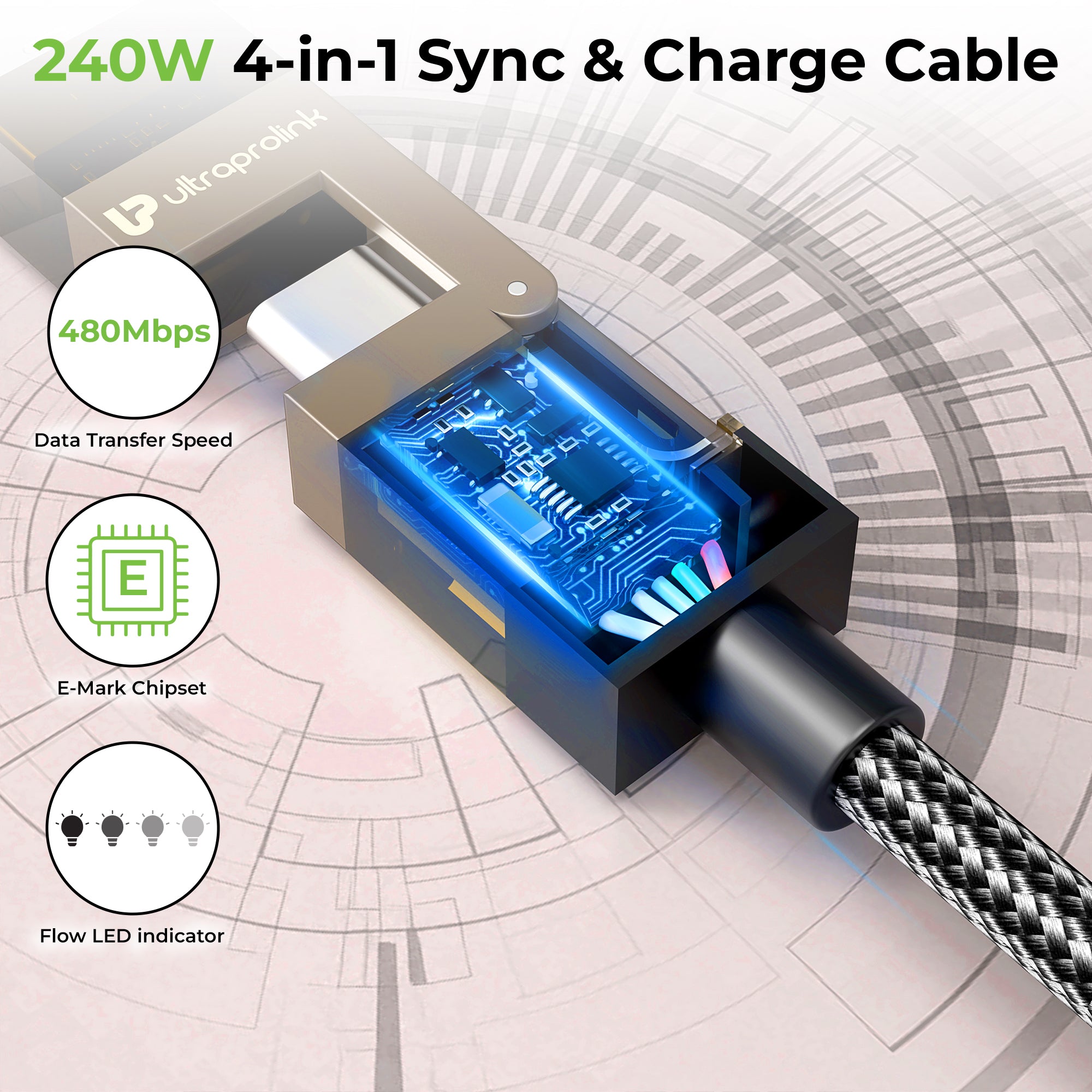 QuadLink 240 | 4-in-1 Ultra-Fast Sync & Charge Cable | UL1237BLK-0150