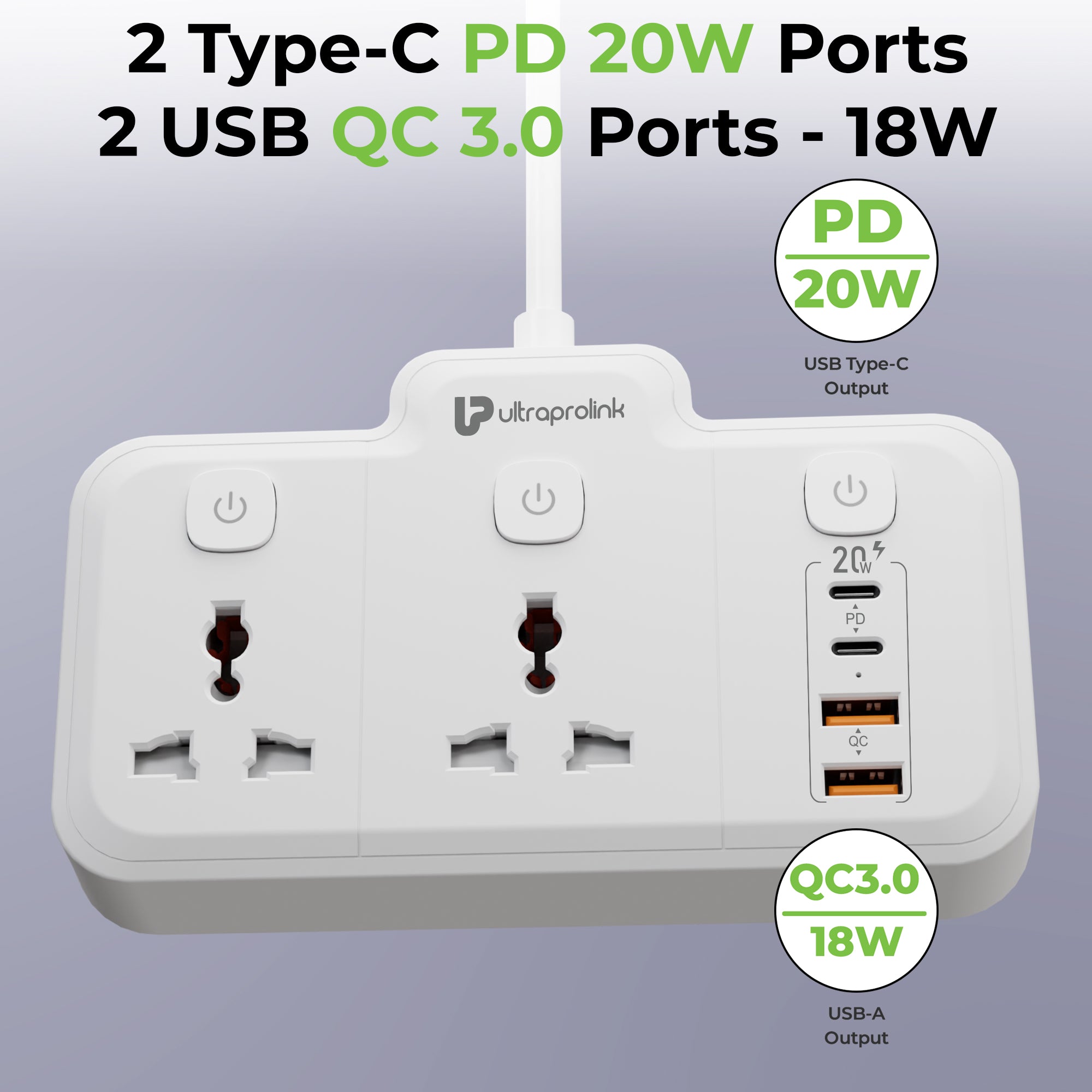 Surge Pro 20 | 2 Socket Surge Protector with 4 USB Ports & 3 Switches | UM1272U-0200