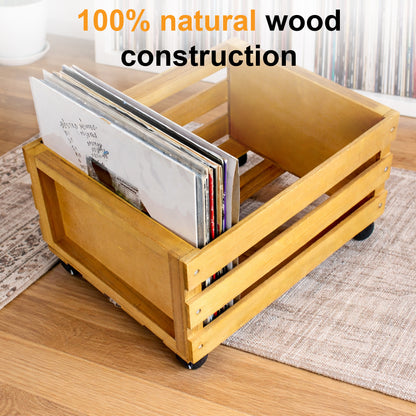 Portable wooden LP record crate with wheels for easy storage