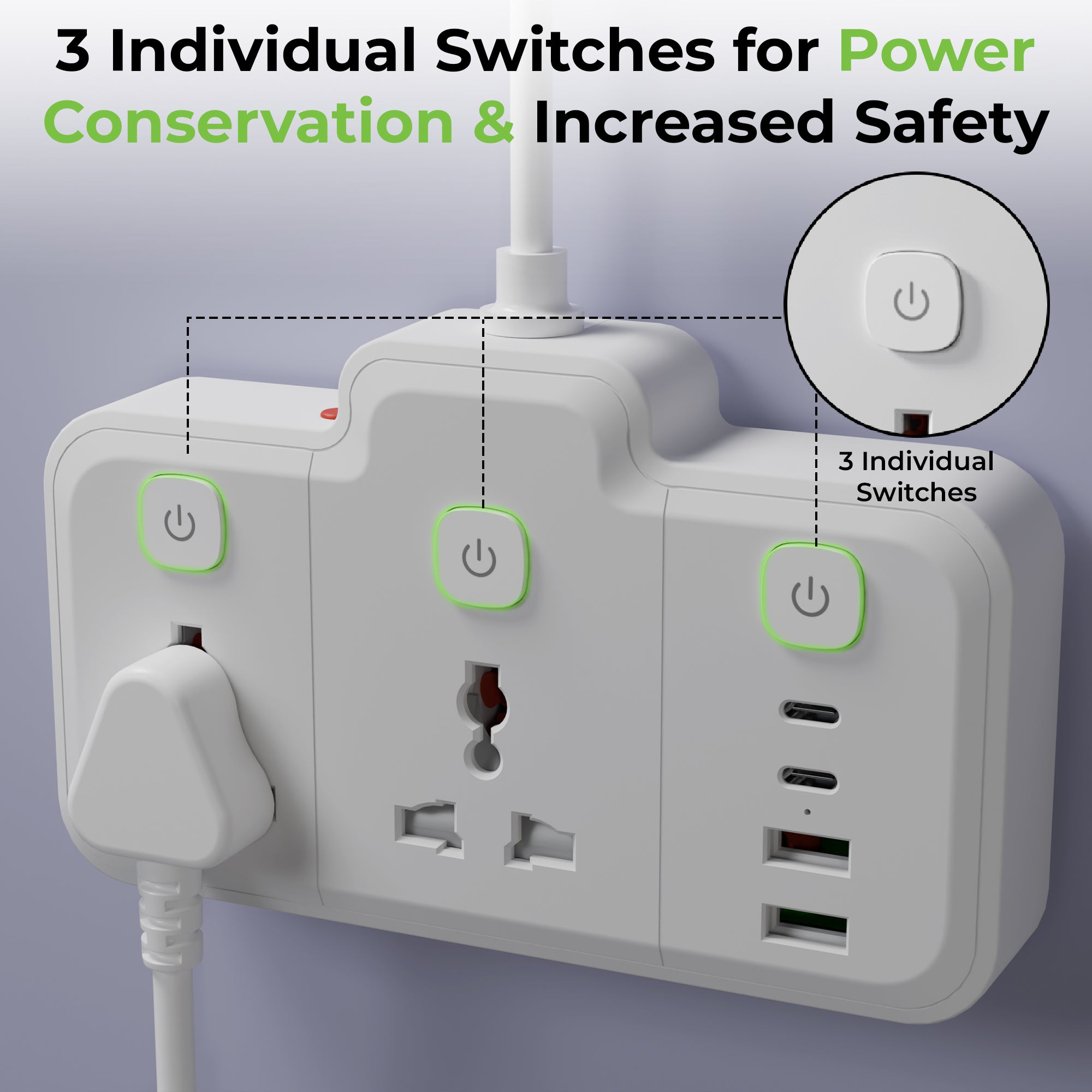 Surge Pro 20 | 2 Socket Surge Protector with 4 USB Ports & 3 Switches | UM1272U-0200