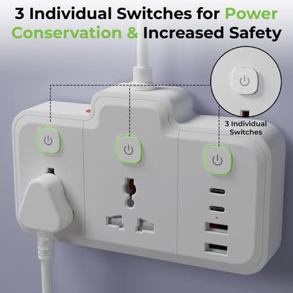 Multi-outlet wall adapter with three individual switches for power conservation and safety on a gray background.