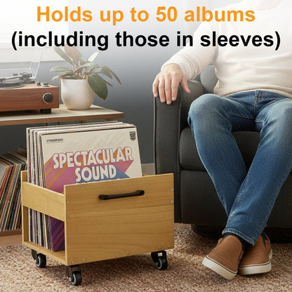 12 inch vinyl record storage box with wheels wood finish