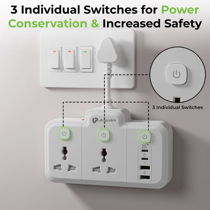 Power strip with three individual switches for power conservation and safety on a light gray background.