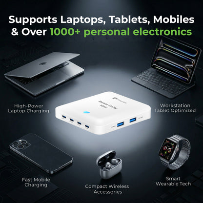White charging hub with various electronic devices on a dark background, highlighting its compatibility with multiple devices.