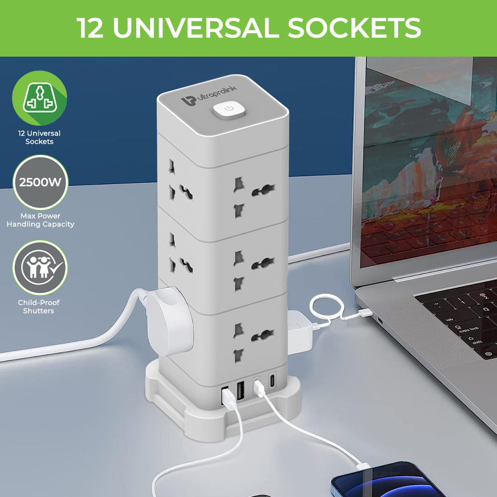 UltraProlink UM1190U Power Tower Surge Protector with 12 Sockets|2 USB