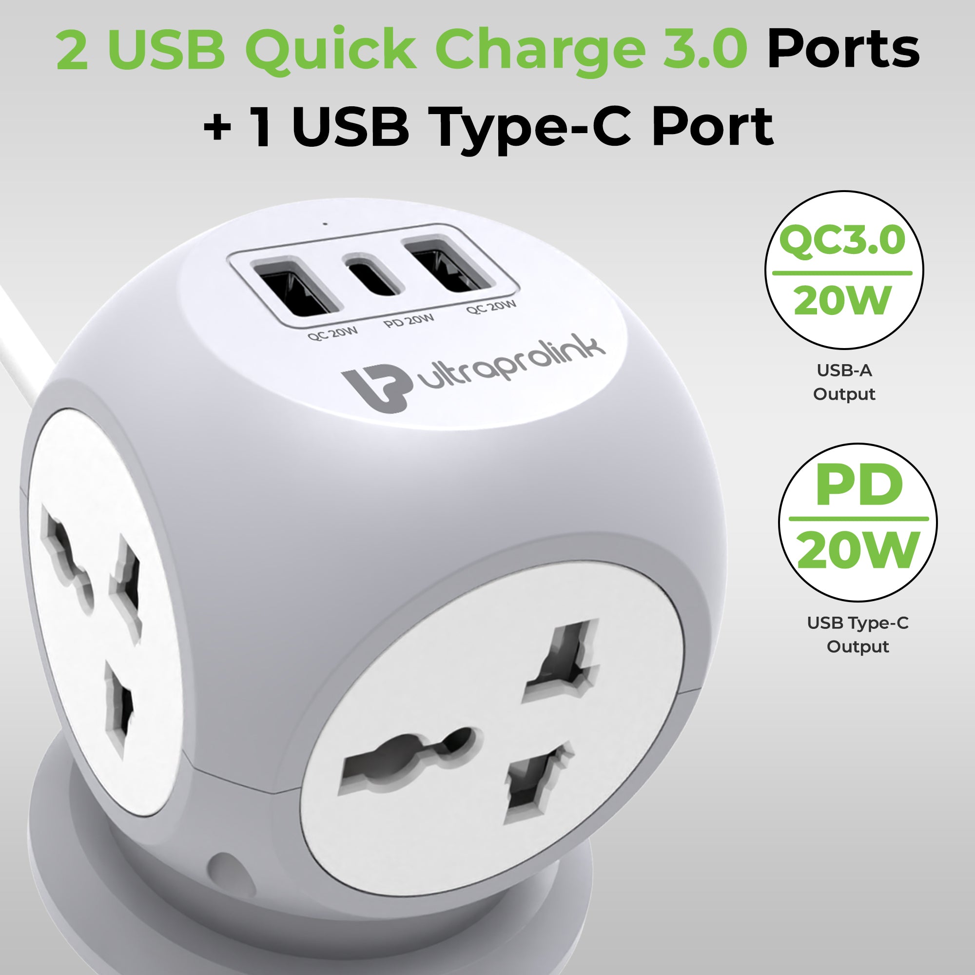 Power Qube PD20 7-in-1 Power Extension with QC3.0 & 20W PD UM1222WHT-1000
