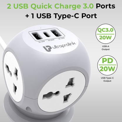 Power Qube PD20 7-in-1 Power Extension with QC3.0 & 20W PD UM1222WHT-1000