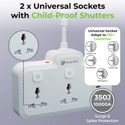 Universal socket with child-proof shutters and surge protection on a light purple background