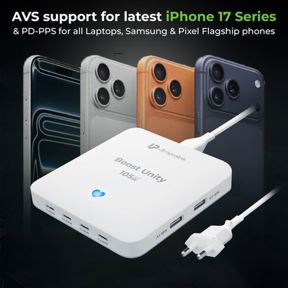 White power adapter with multiple ports in front of four smartphones on a dark background