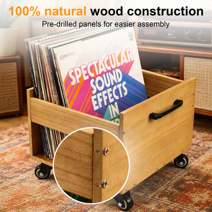 Portable wooden record crate with casters for LP collection