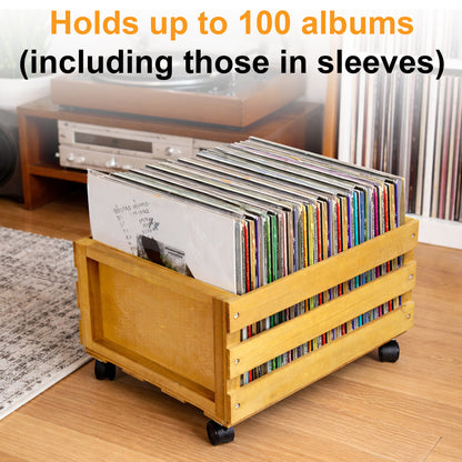 Vintage style wooden vinyl record storage crate on wheels