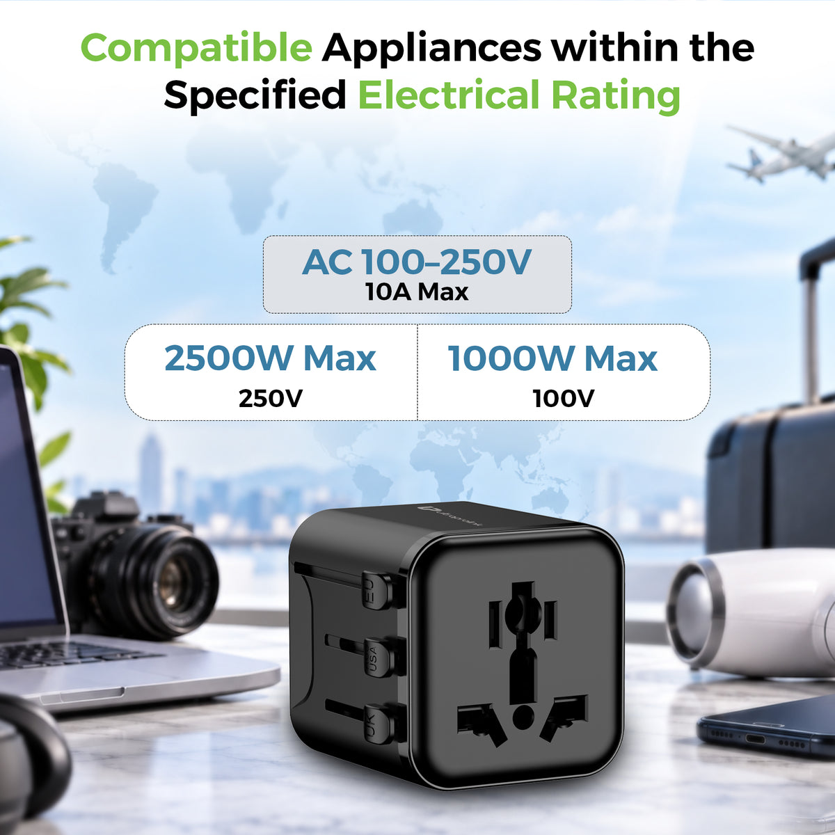 Travel Mate World Convertor Plug | 180+ Countries | Universal AC Socket | 2500W Max | UM1180