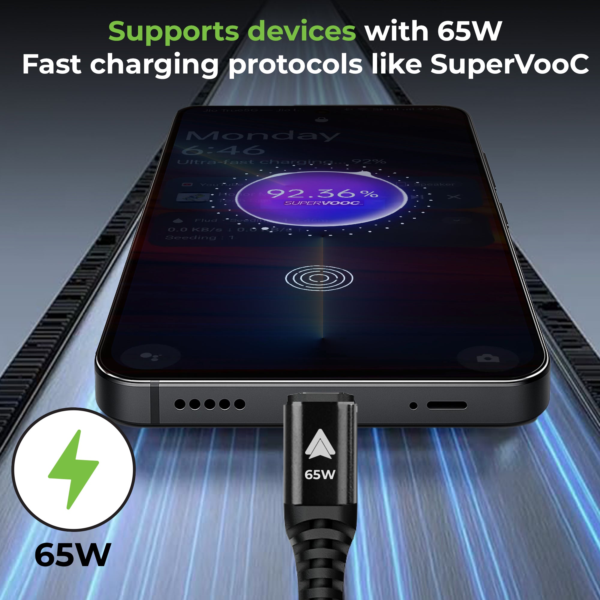 TrioLink 65 3 in 1 Braided Fast Charging Cable with Car Play UL1236