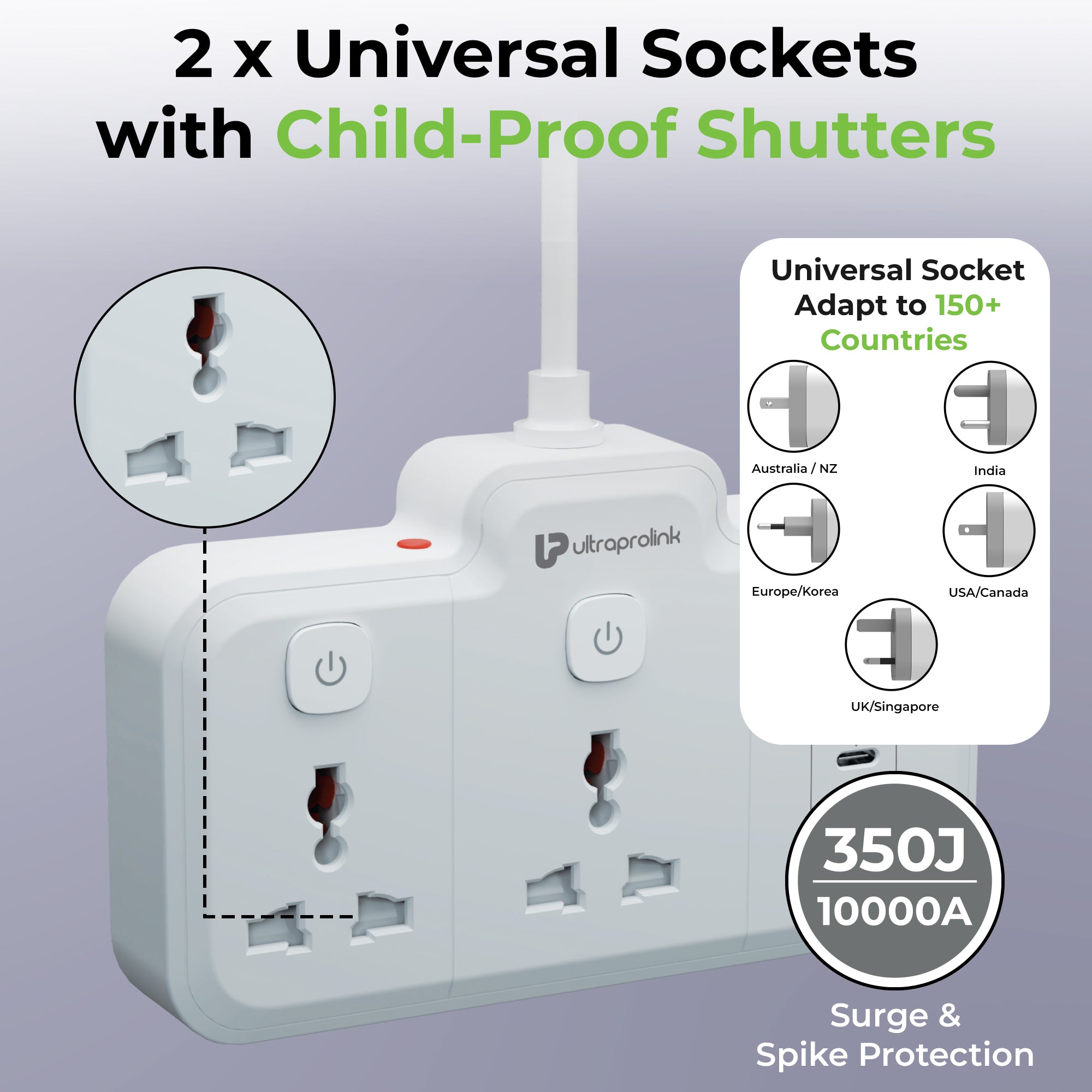 Surge Pro 20 | 2 Socket Surge Protector with 4 USB Ports & 3 Switches | UM1272U-0200